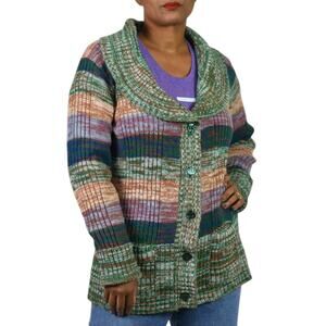 Vintage Hand Loomed Knit Cardigan Sweater Green Marled Rainbow Stripe 70s Medium